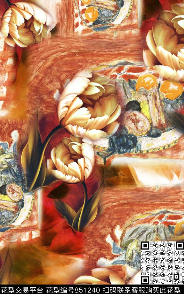 笔触大花花朵数码印花华亿平台下载（图片编号: 851240） - 瓦栏（Walan）