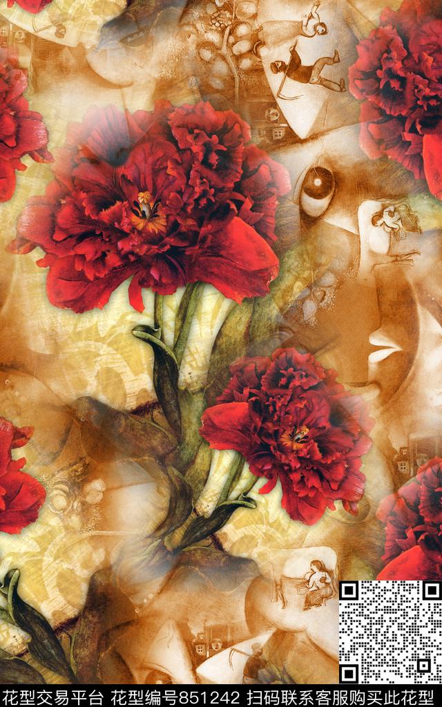 大花花朵花卉数码印花华亿平台下载（图片编号: 851242） - 瓦栏（Walan）