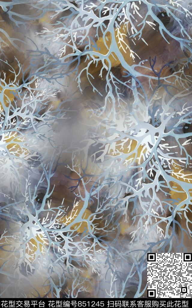 色块笔触树枝数码印花华亿平台下载（图片编号: 851245） - 瓦栏（Walan）