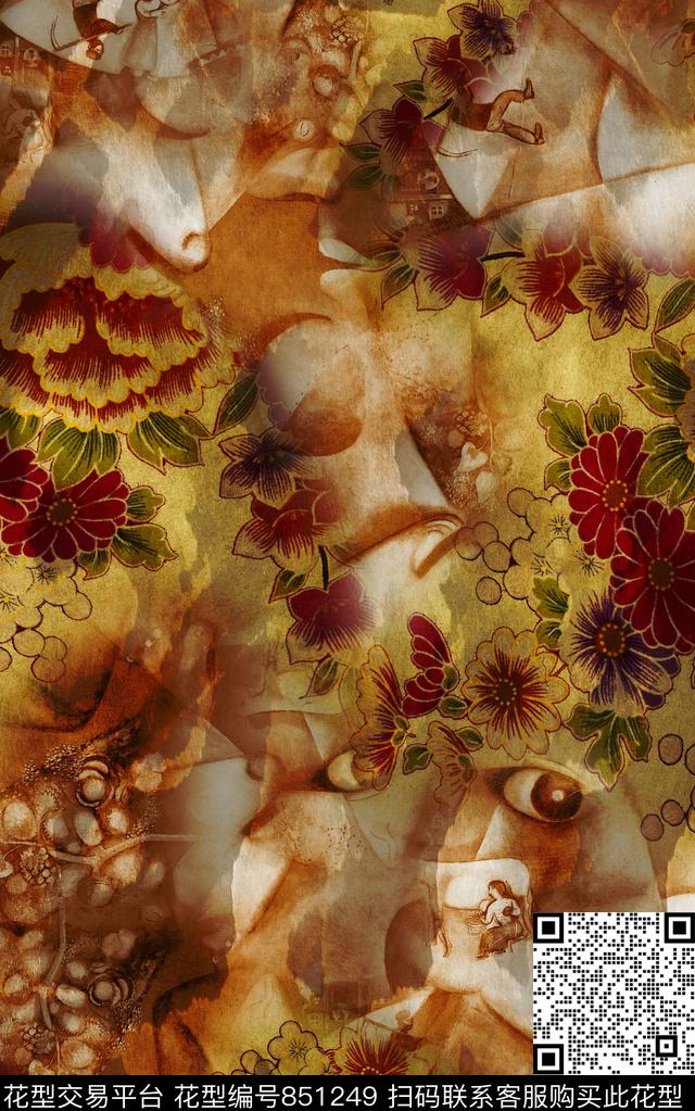 花卉斑驳中国画数码印花华亿平台下载（图片编号: 851249） - 瓦栏（Walan）