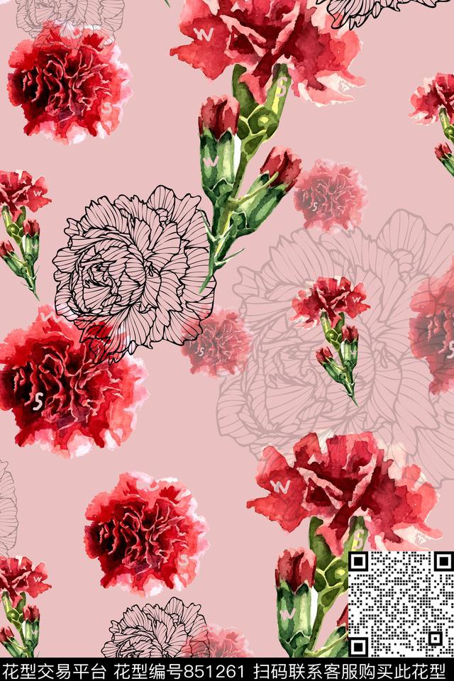 曼陀罗大花康乃馨数码印花华亿平台下载（图片编号: 851261） - 瓦栏（Walan）