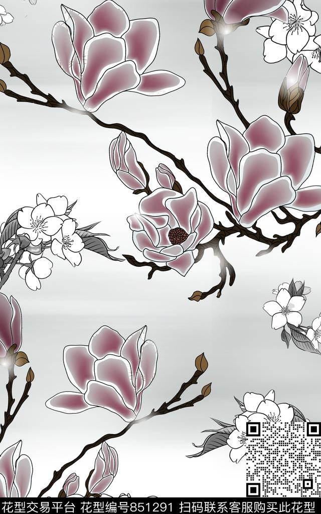 玉兰花花卉桃花数码印花华亿平台下载（图片编号: 851291） - 瓦栏（Walan）