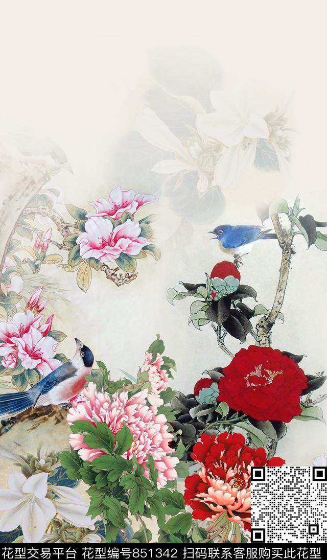 国画花鸟画牡丹数码印花华亿平台下载（图片编号: 851342） - 瓦栏（Walan）