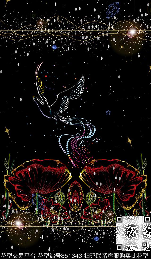 星空星星鸟花卉数码印花华亿平台下载（图片编号: 851343） - 瓦栏（Walan）