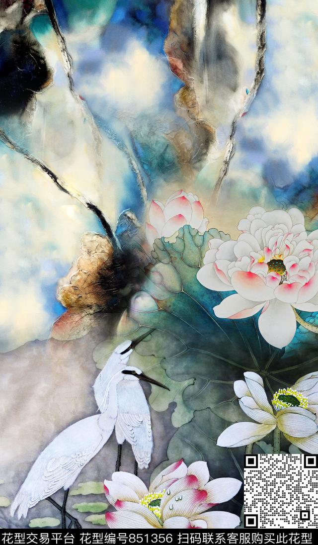 中国风国画白鹭数码印花华亿平台下载（图片编号: 851356） - 瓦栏（Walan）