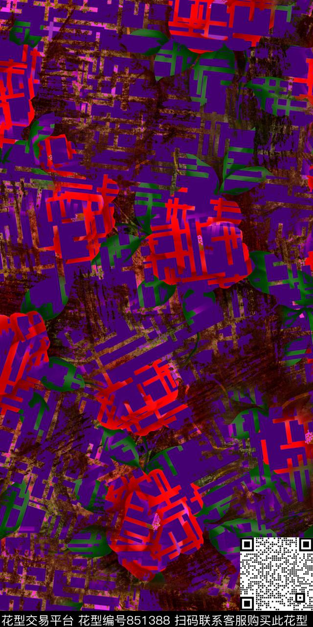 几何花朵花卉数码印花华亿平台下载（图片编号: 851388） - 瓦栏（Walan）