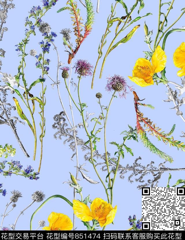 水彩手绘花卉虞美人蒲公英数码印花华亿平台下载（图片编号: 851474） - 瓦栏（Walan）