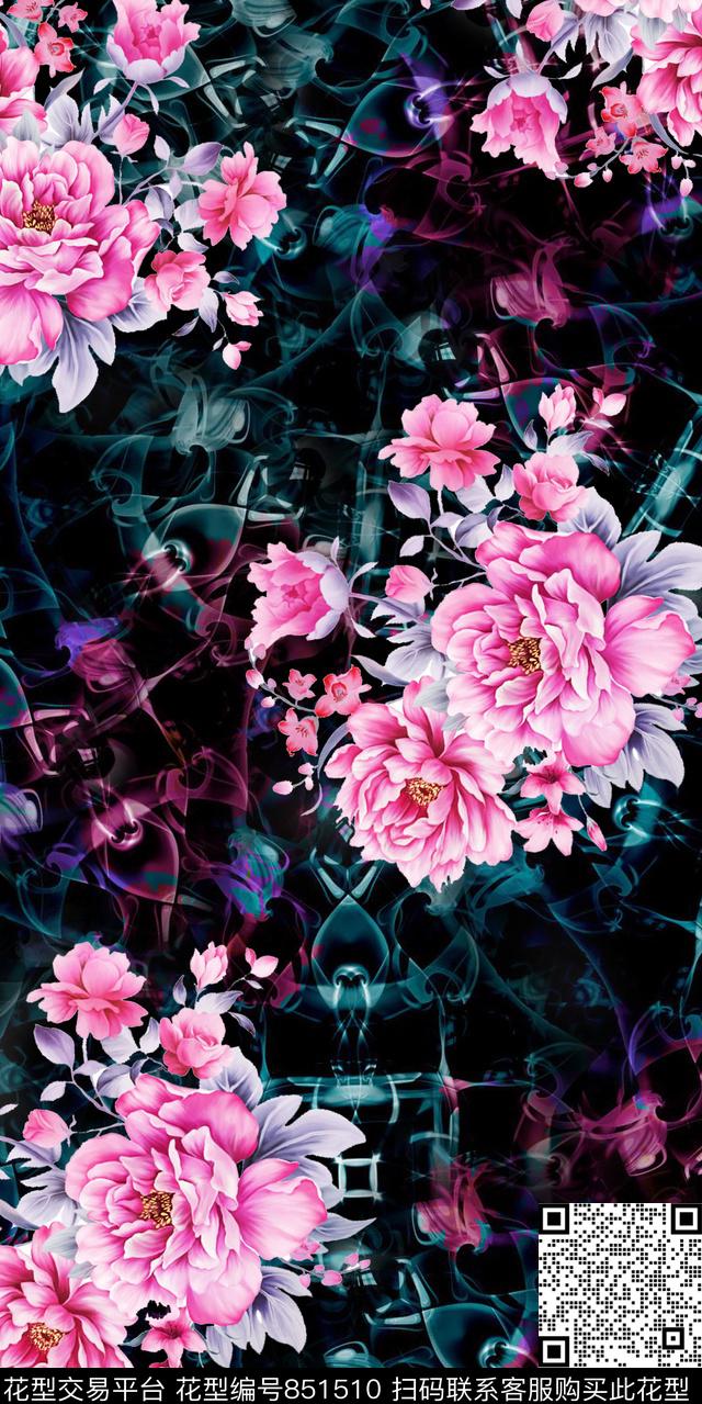 乱花大花牡丹数码印花华亿平台下载（图片编号: 851510） - 瓦栏（Walan）