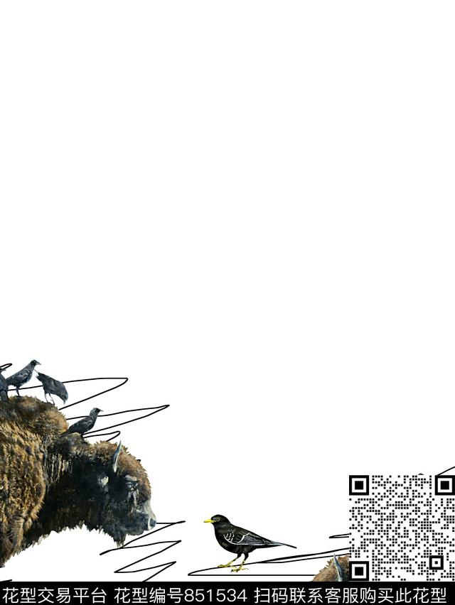 牛小鸟线条纹理传统印花华亿平台下载（图片编号: 851534） - 瓦栏（Walan）