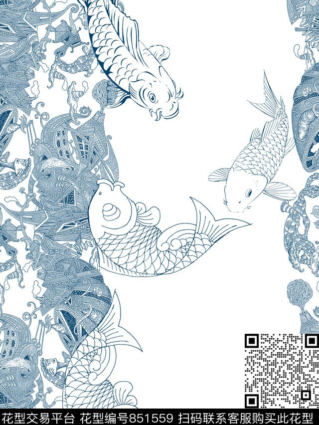 抽象纹理鱼男装T恤华亿平台传统印花华亿平台下载（图片编号: 851559） - 瓦栏（Walan）