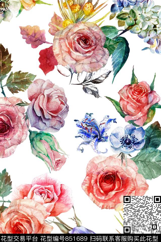 水彩花卉玫瑰数码印花华亿平台下载（图片编号: 851689） - 瓦栏（Walan）