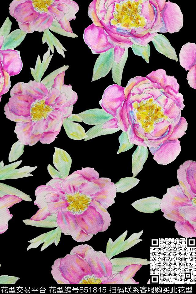 女装时尚手绘水彩花卉数码印花华亿平台下载（图片编号: 851845） - 瓦栏（Walan）