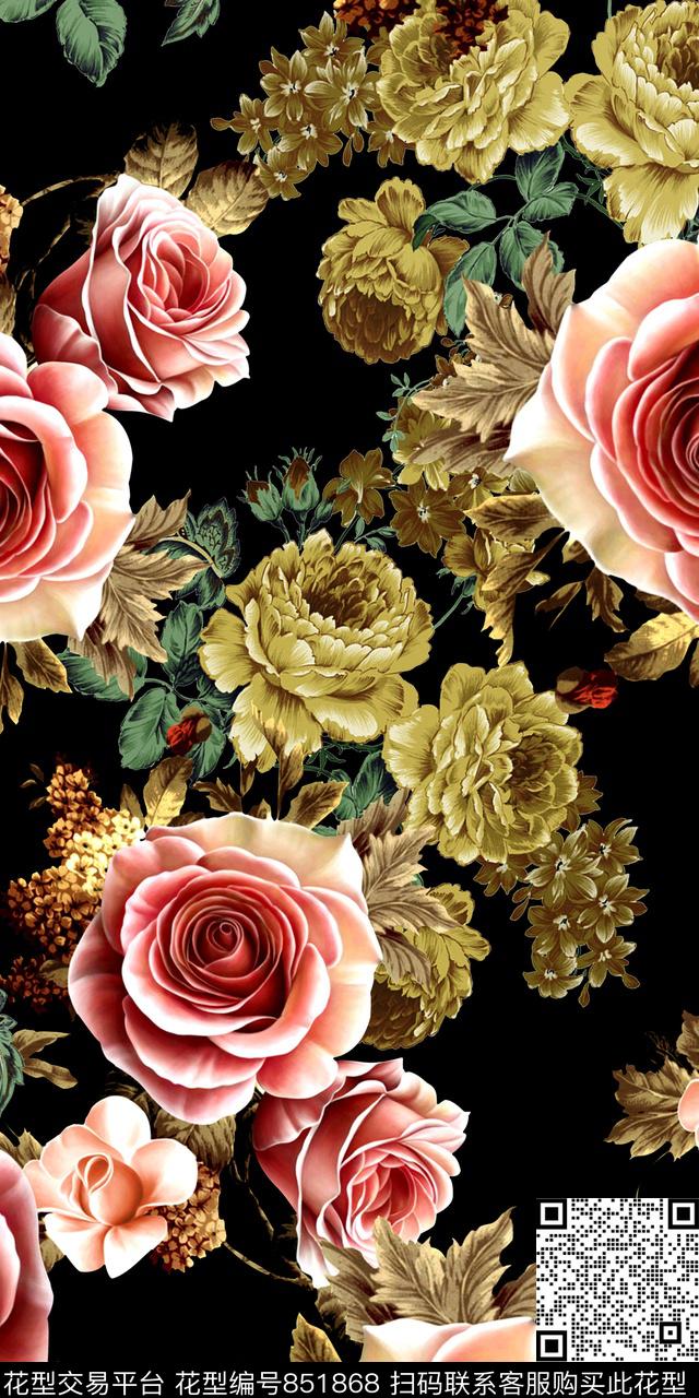 玫瑰花卉花朵数码印花华亿平台下载（图片编号: 851868） - 瓦栏（Walan）
