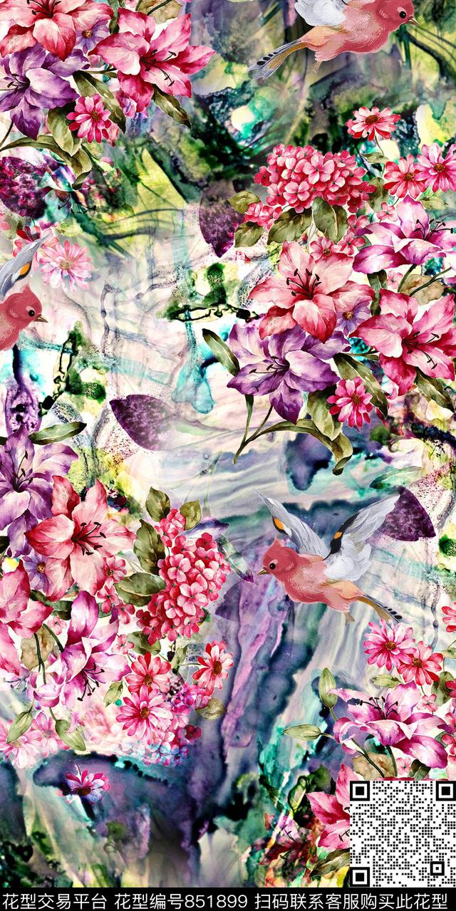 玉兰花牡丹兰花数码印花华亿平台下载（图片编号: 851899） - 瓦栏（Walan）