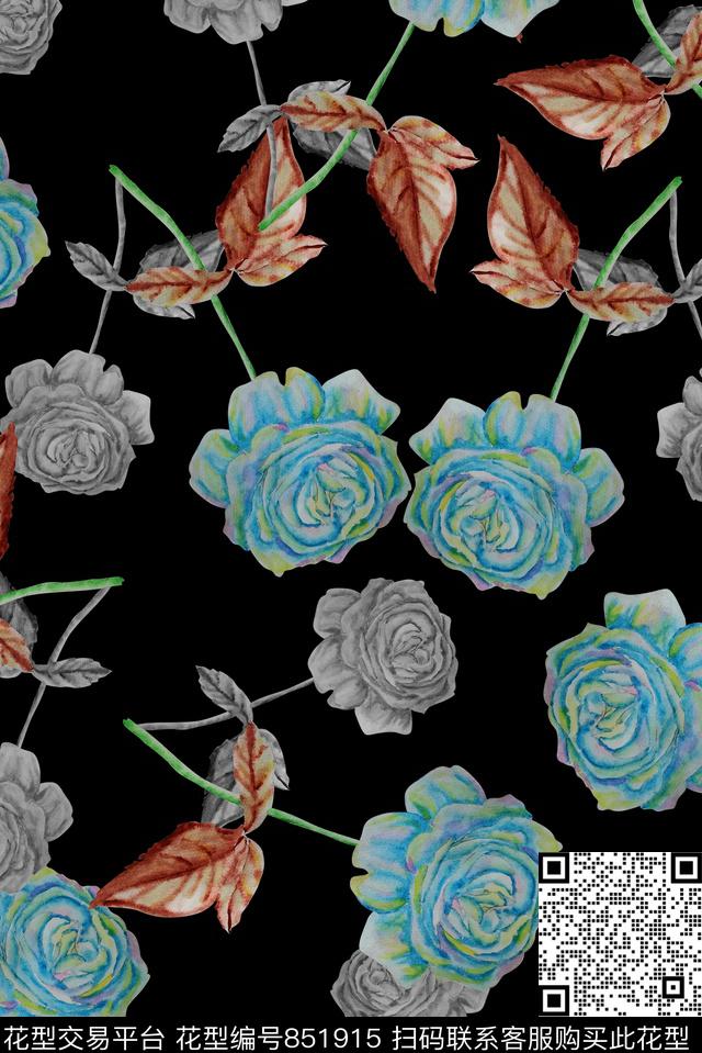 女装时尚手绘水彩花卉数码印花华亿平台下载（图片编号: 851915） - 瓦栏（Walan）