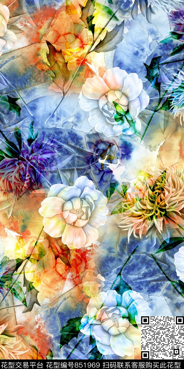 花朵花卉炫彩底纹数码印花华亿平台下载（图片编号: 851969） - 瓦栏（Walan）