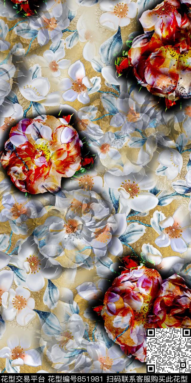 花朵花卉炫彩底纹数码印花华亿平台下载（图片编号: 851981） - 瓦栏（Walan）