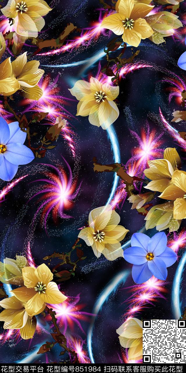 花朵花卉炫彩底纹数码印花华亿平台下载（图片编号: 851984） - 瓦栏（Walan）