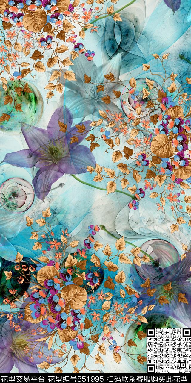 花朵花卉炫彩底纹数码印花华亿平台下载（图片编号: 851995） - 瓦栏（Walan）