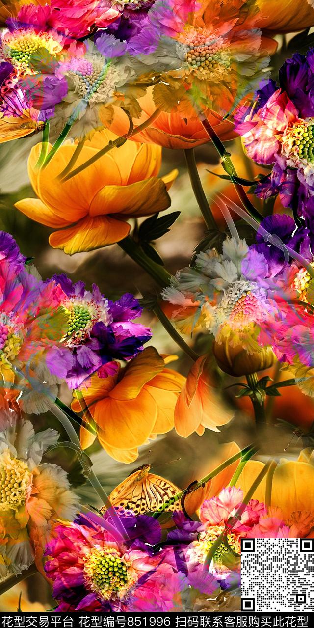 花朵花卉炫彩底纹数码印花华亿平台下载（图片编号: 851996） - 瓦栏（Walan）