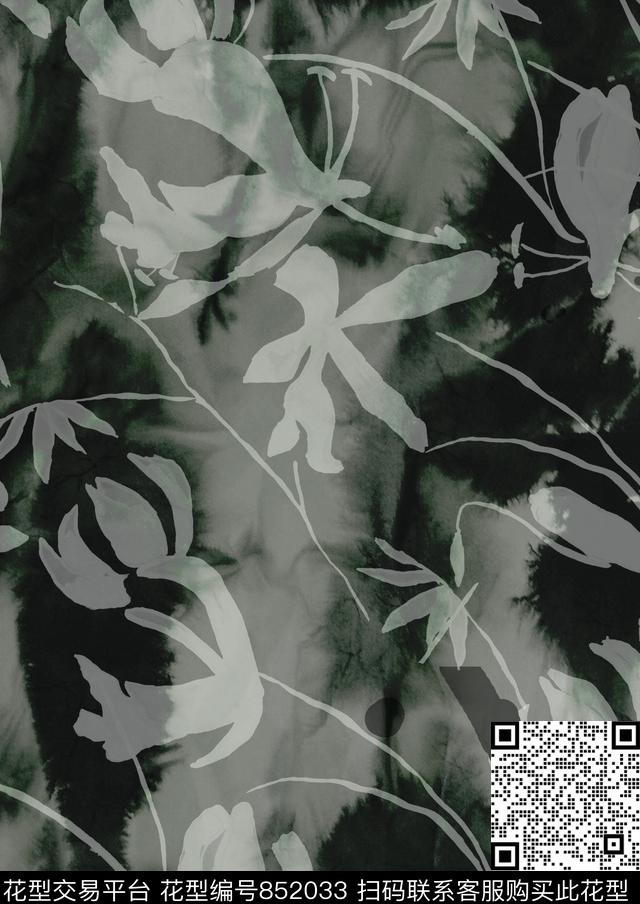 水墨剪影花卉数码印花华亿平台下载（图片编号: 852033） - 瓦栏（Walan）