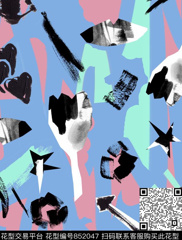 抽象手绘花卉粗犷数码印花华亿平台下载（图片编号: 852047） - 瓦栏（Walan）