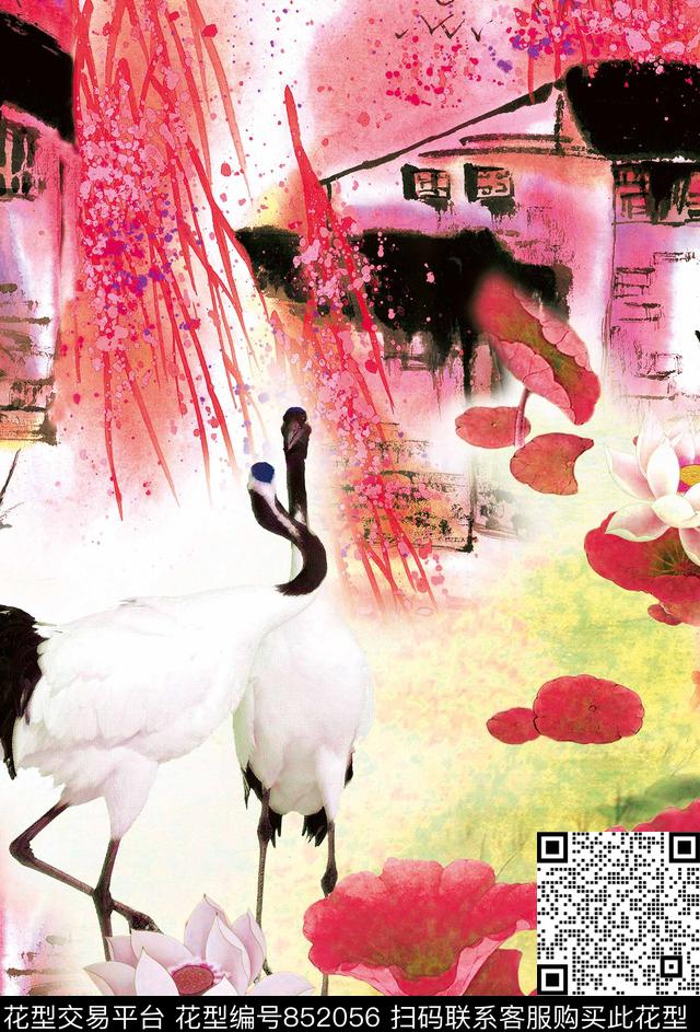 花鸟中国风丹顶鹤数码印花华亿平台下载（图片编号: 852056） - 瓦栏（Walan）