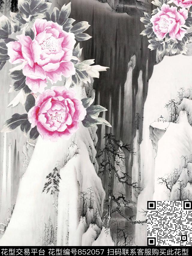 牡丹大花中国风数码印花华亿平台下载（图片编号: 852057） - 瓦栏（Walan）