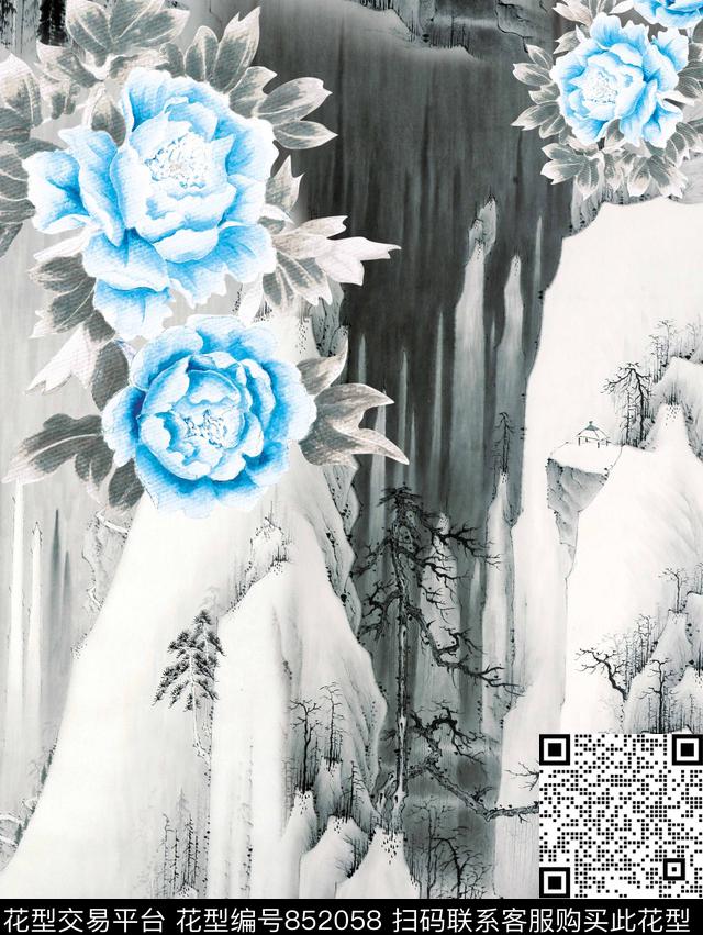 牡丹大花中国风数码印花华亿平台下载（图片编号: 852058） - 瓦栏（Walan）