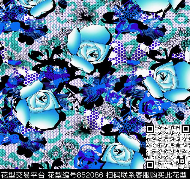 花夲玫瑰花少女衣裙系列传统印花华亿平台下载（图片编号: 852086） - 瓦栏（Walan）