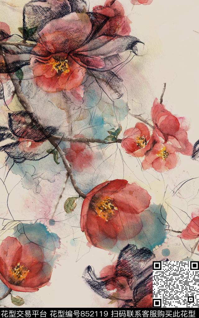 花卉水彩线条数码印花华亿平台下载（图片编号: 852119） - 瓦栏（Walan）