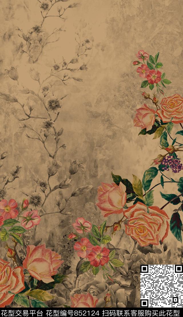 花朵花卉定位花数码印花华亿平台下载（图片编号: 852124） - 瓦栏（Walan）