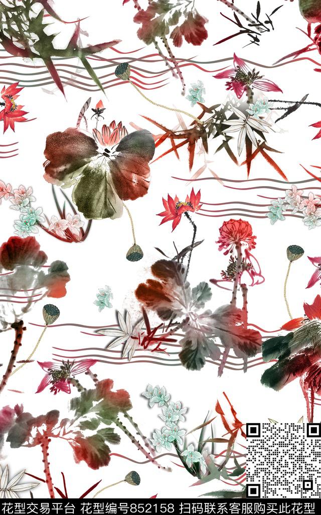 中国风水墨花卉数码印花华亿平台下载（图片编号: 852158） - 瓦栏（Walan）