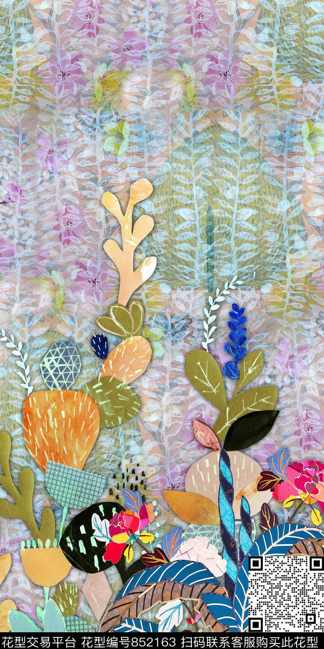 几何花卉贴布数码印花华亿平台下载（图片编号: 852163） - 瓦栏（Walan）