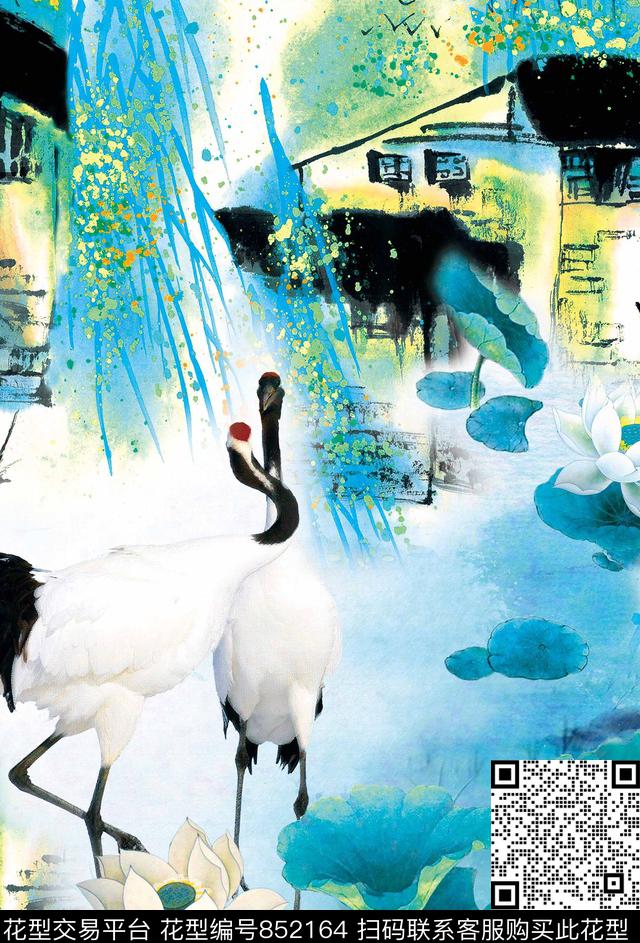 花鸟中国风丹顶鹤数码印花华亿平台下载（图片编号: 852164） - 瓦栏（Walan）