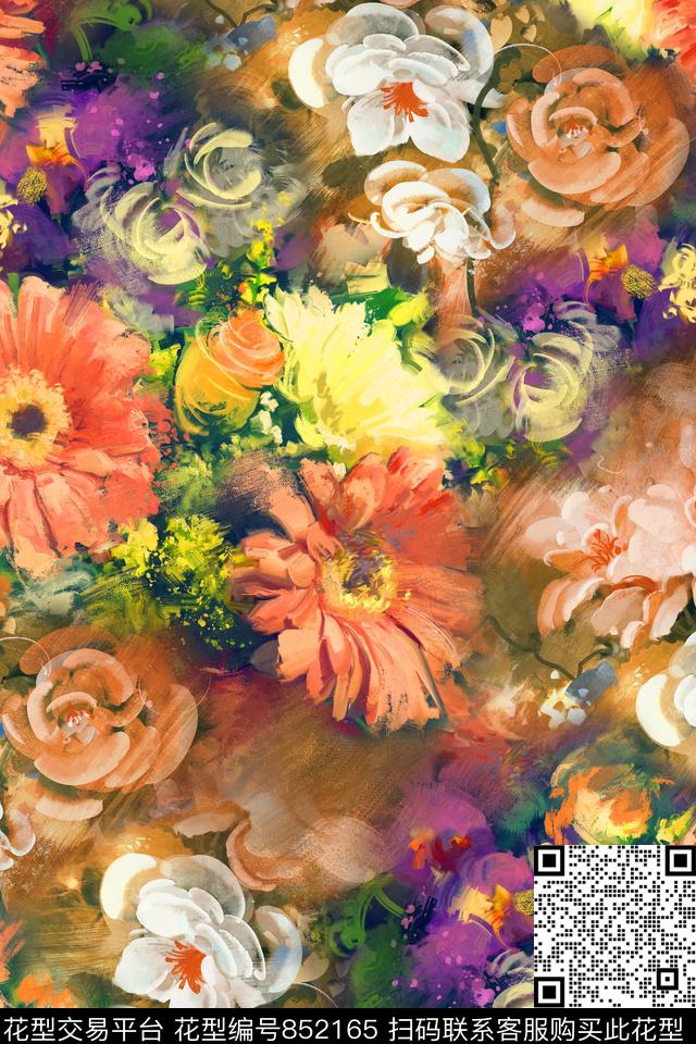 花卉油画肌理数码印花华亿平台下载（图片编号: 852165） - 瓦栏（Walan）