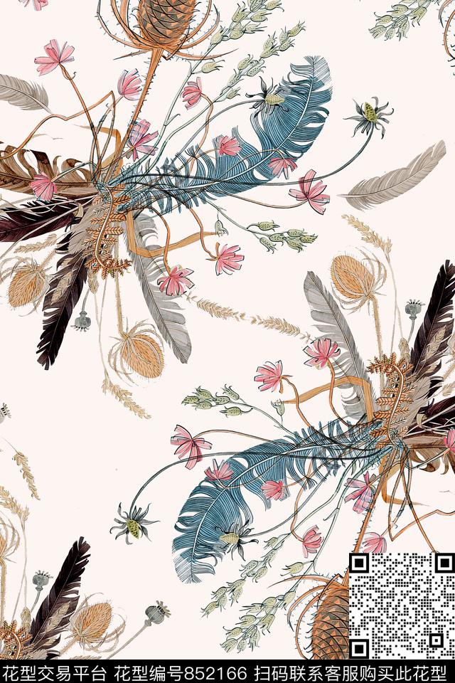 羽毛花卉狗尾巴数码印花华亿平台下载（图片编号: 852166） - 瓦栏（Walan）