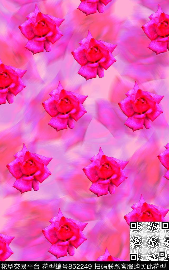 时尚写意玫瑰浪漫花卉数码印花华亿平台下载（图片编号: 852249） - 瓦栏（Walan）