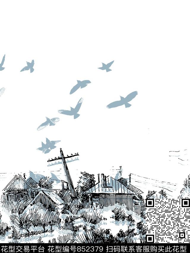 抽象纹理房子飞鸟数码印花华亿平台下载（图片编号: 852379） - 瓦栏（Walan）
