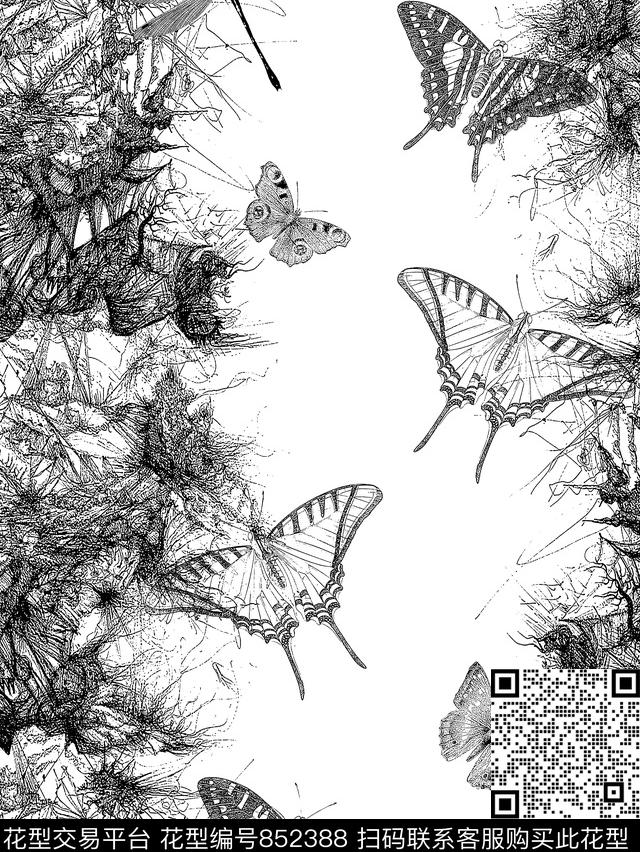 抽象纹理蝴蝶男装T恤华亿平台传统印花华亿平台下载（图片编号: 852388） - 瓦栏（Walan）