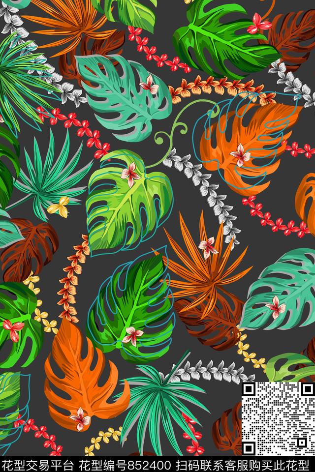 热带叶子休闲风小花传统印花华亿平台下载（图片编号: 852400） - 瓦栏（Walan）