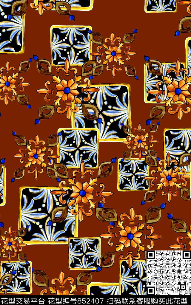 巴洛克青花瓷民族风数码印花华亿平台下载（图片编号: 852407） - 瓦栏（Walan）