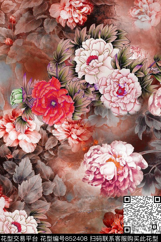 花卉牡丹花工笔画数码印花华亿平台下载（图片编号: 852408） - 瓦栏（Walan）