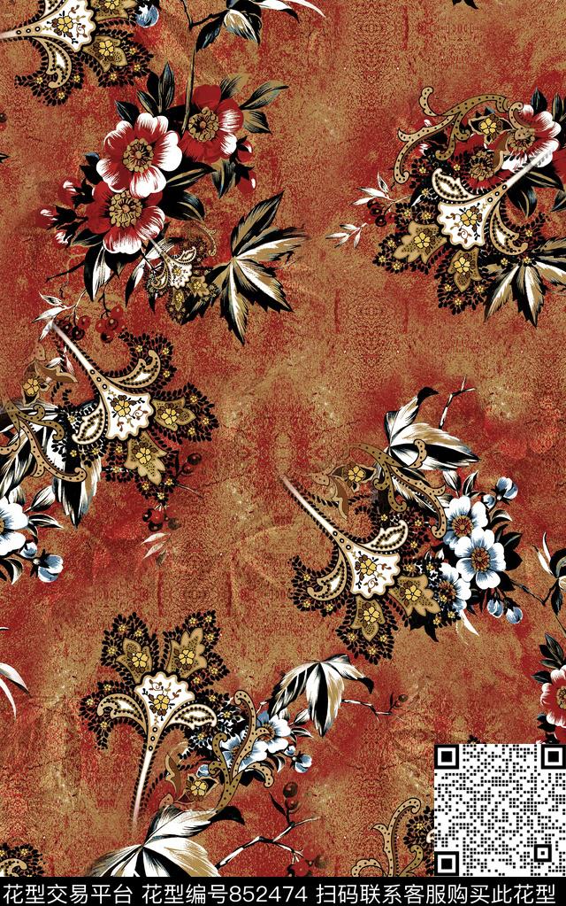 腰果民族风中国风数码印花华亿平台下载（图片编号: 852474） - 瓦栏（Walan）