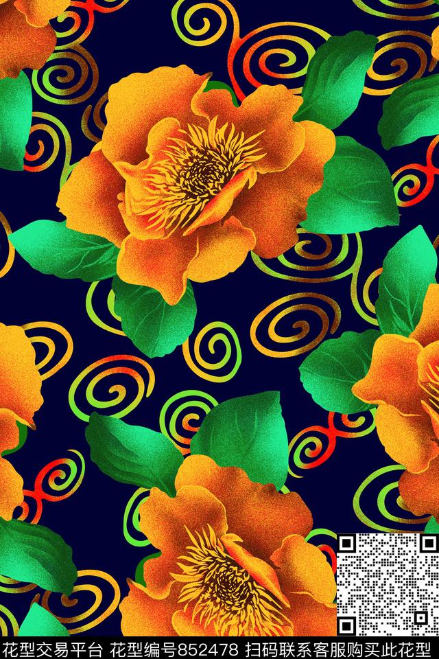 大花花朵花卉传统印花华亿平台下载（图片编号: 852478） - 瓦栏（Walan）