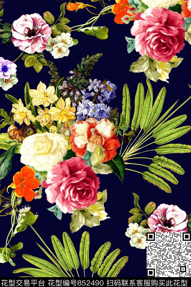 时尚手绘花卉数码印花华亿平台下载（图片编号: 852490） - 瓦栏（Walan）