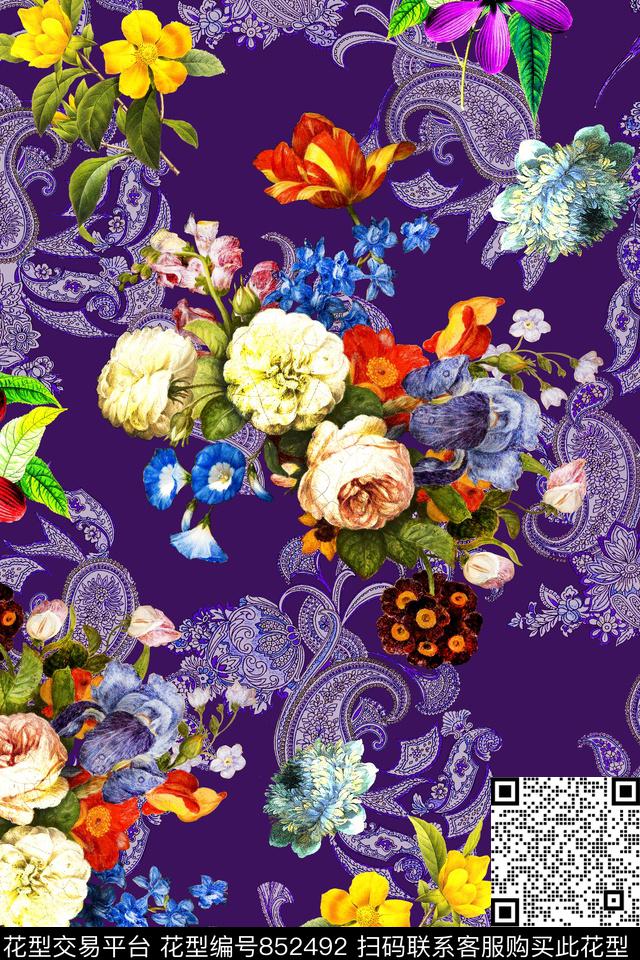 时尚手绘腰果数码印花华亿平台下载（图片编号: 852492） - 瓦栏（Walan）