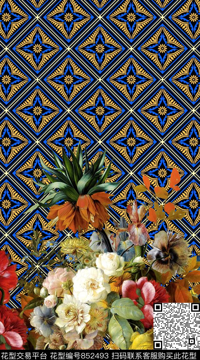 格子花纹花卉数码印花华亿平台下载（图片编号: 852493） - 瓦栏（Walan）