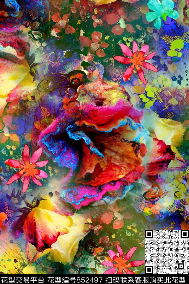 时尚手绘拼接数码印花华亿平台下载（图片编号: 852497） - 瓦栏（Walan）