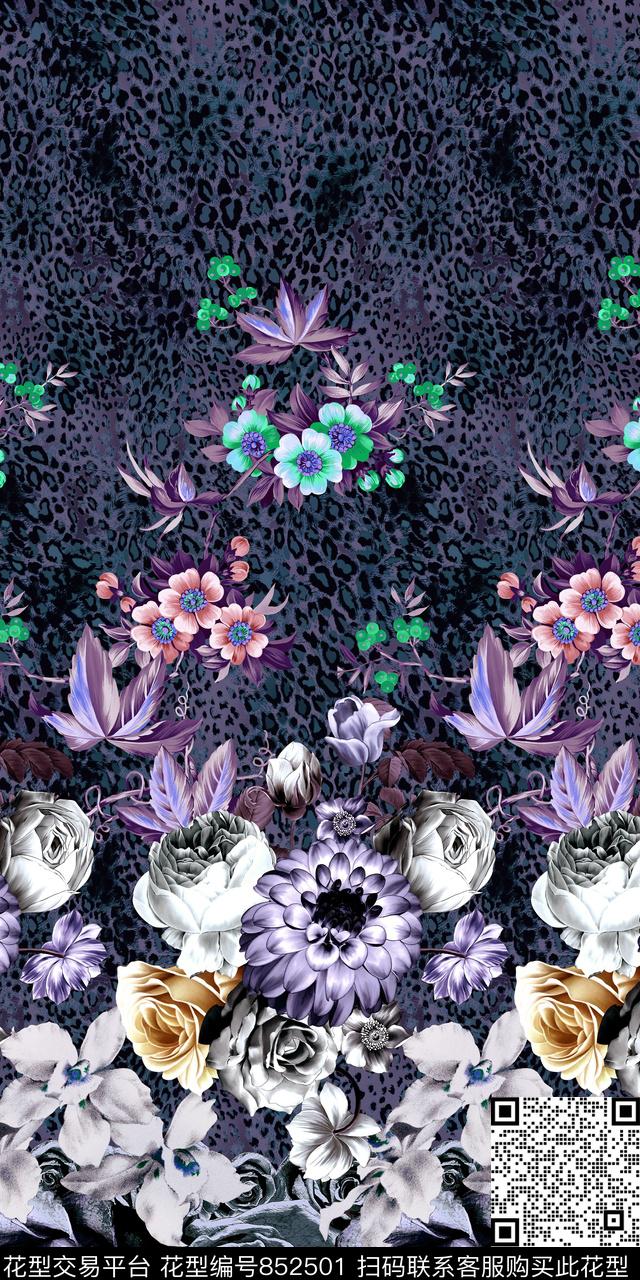 时尚手绘花卉数码印花华亿平台下载（图片编号: 852501） - 瓦栏（Walan）